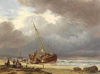 Louis Meijer - Fishermen Unloading Their Barge On The Beach