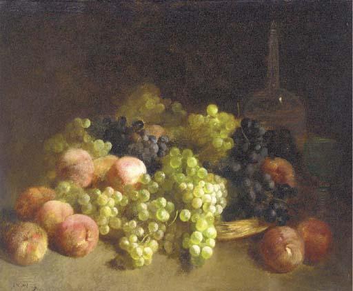 Louis Mettling - Peaches, white grapes, black grapes, a glass and a decanter