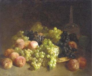 Louis Mettling - Peaches, white grapes, black grapes, a glass and a decanter