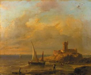 Louis Meyer - A coastal scene with fishermen, a fortress on a rocky outcrop in the background