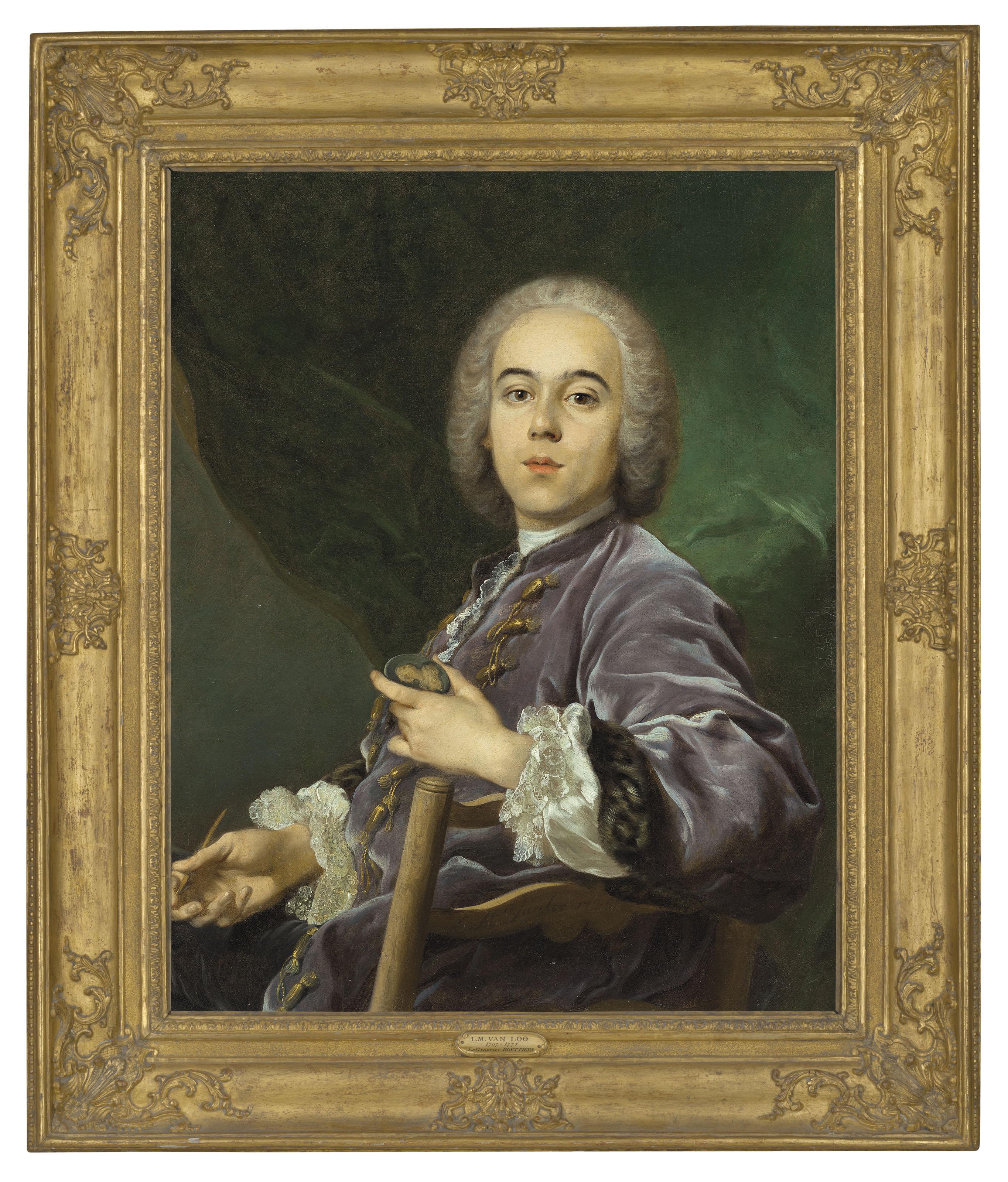 Louis-Michel Van Loo - Portrait of Jacques Roettiers (1707-1784), half-length, in a mauve jacket, holding a medallion