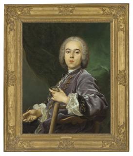 Louis-Michel Van Loo - Portrait of Jacques Roettiers (1707-1784), half-length, in a mauve jacket, holding a medallion