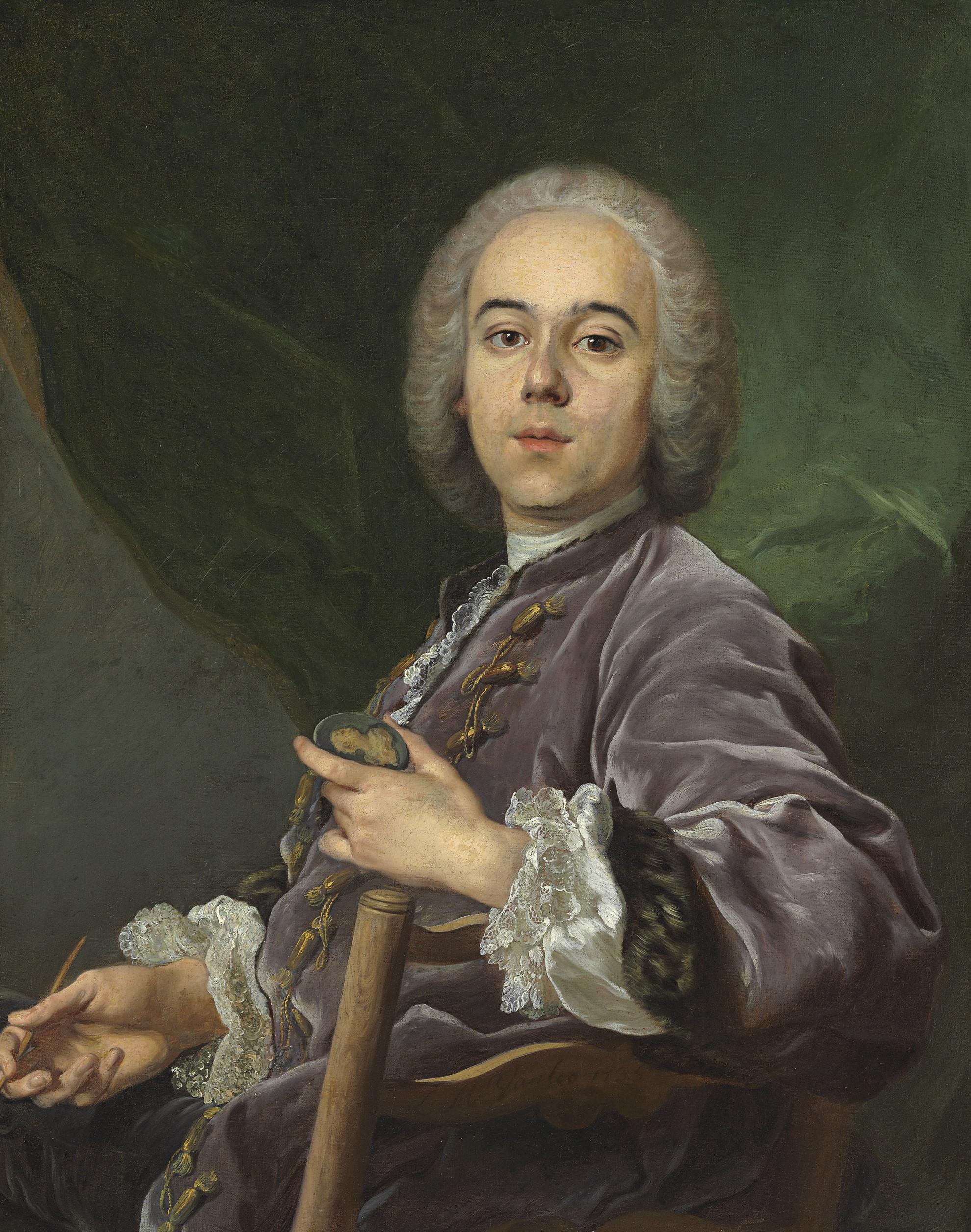 Louis-Michel van Loo - Portrait of Jacques Roëttiers, seated half-length, in a lavender coat, holding a medallion