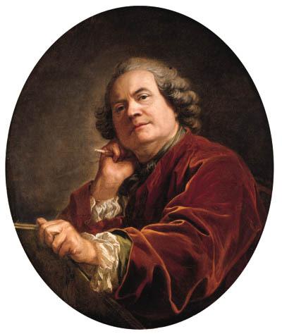 Louis Michel Van Loo - Portrait of the artist, half-length, in a red jacket