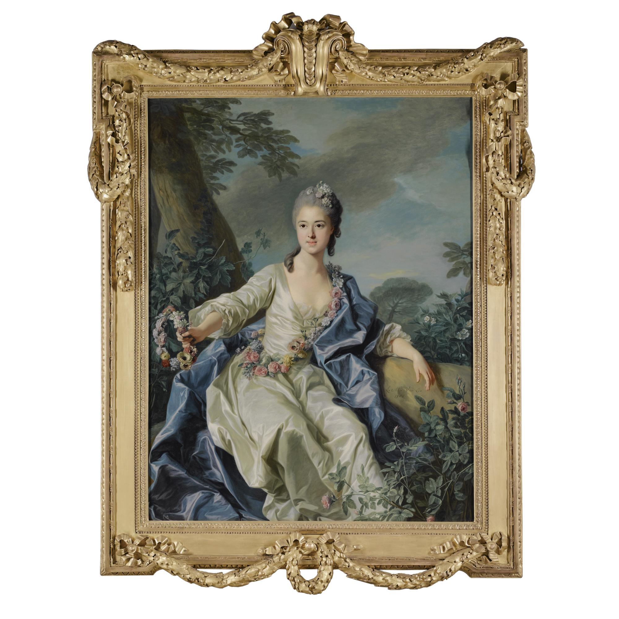 Louis-Michel van Loo - Portrait Of The Comtesse Marie Louise De Beaurepaire, Seated Full Length In A Landscape Holding A Garland Of Flowers