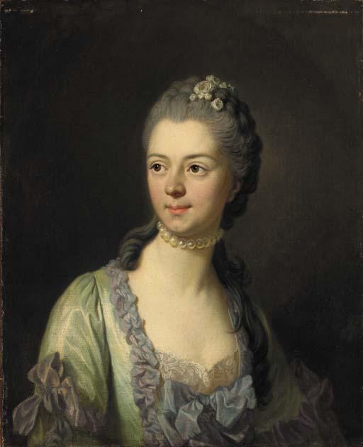 Louis-Michel Vanloo - Portrait of Princess Galitzin, bust length, wearing a green dress with lilac ribbons and a pearl necklace