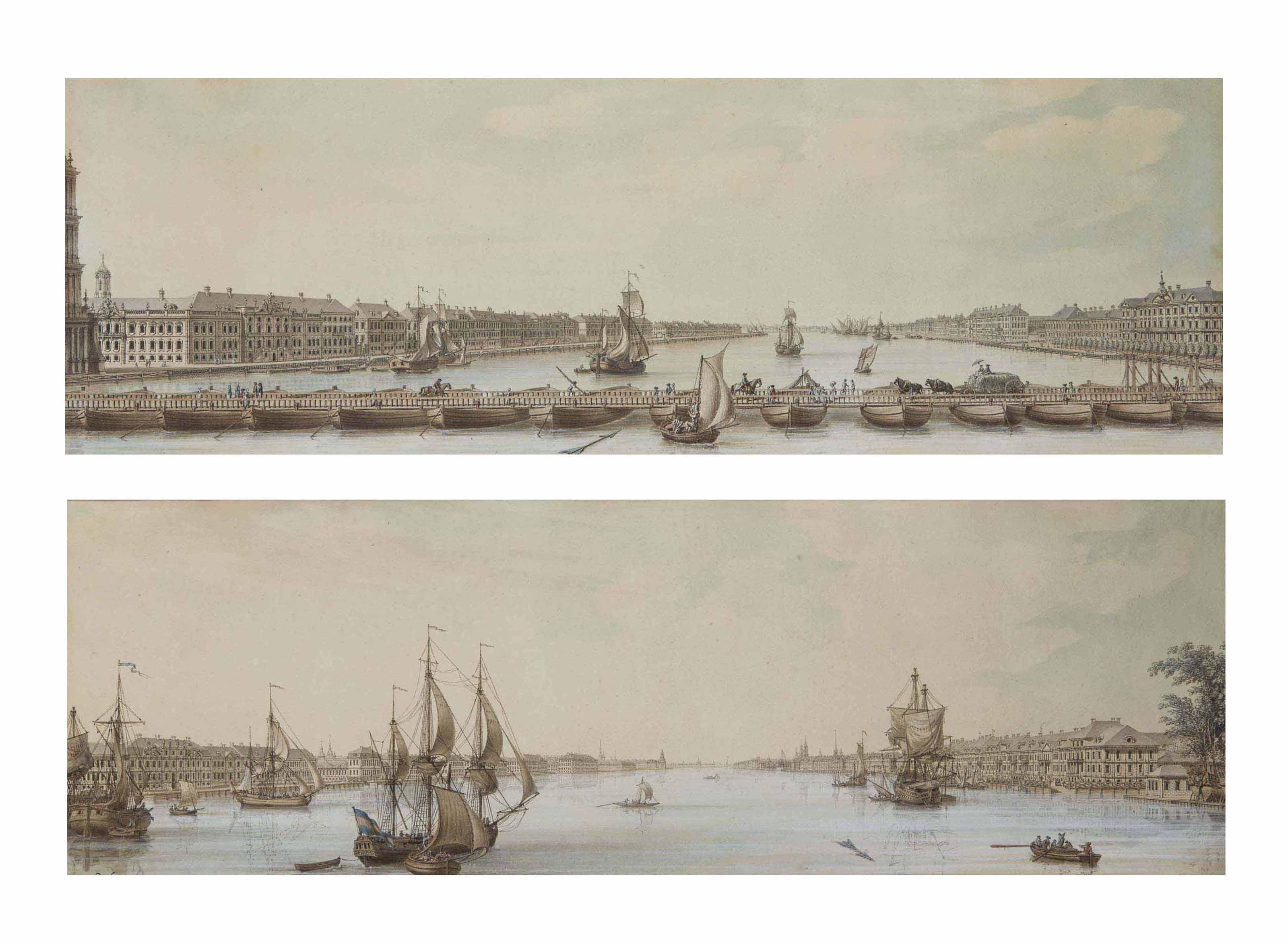 Louis-Nicolas De Lespinasse - Pont flottant sur la Néva à Saint-Pétersbourg ; et Voiliers sur la Néva à Saint-Pétersbourg