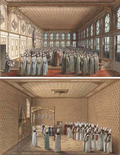Louis-Nicolas De Lespinasse - The Reception of an Ambassador by the Grand Vizier at his yali on the shores of the Bosphorus; and The Presentation of an Ambassador to the Sultan in the Hall of Petitions of the Topkapi Palace, Constantinople