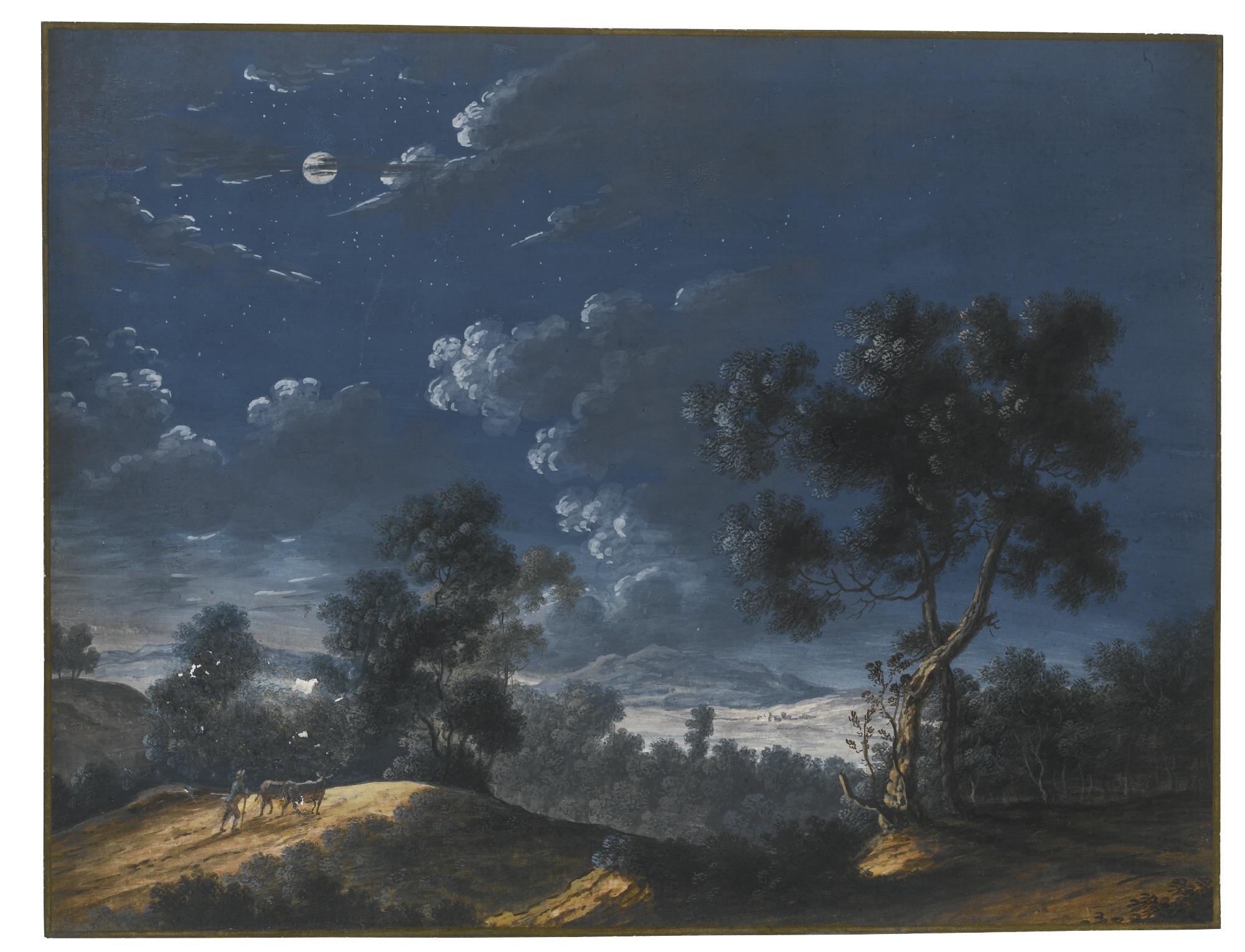 Louis-Nicolas Van Blarenberghe - A Moonlit Landscape With A Figure Herding Cattle, A Lake In The Distance
