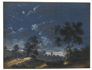 Louis-Nicolas Van Blarenberghe - A Moonlit Landscape With A Figure Herding Cattle, A Lake In The Distance