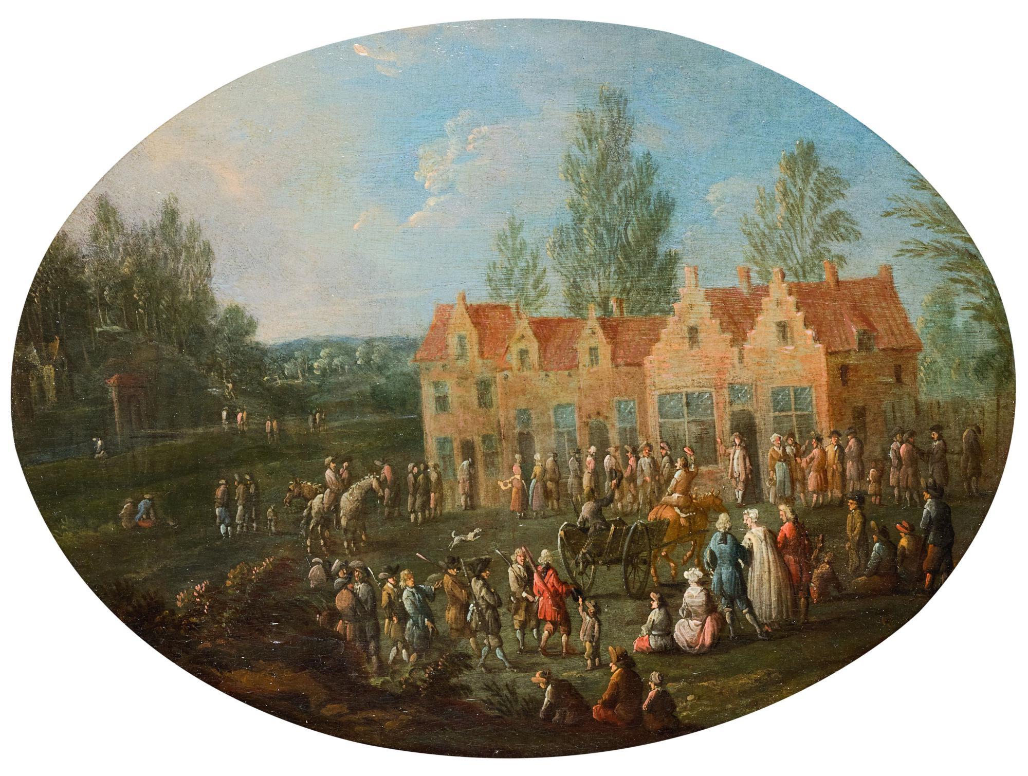 Louis-Nicolas Van Blarenberghe - Figures Gathered By A Large Country House, A Landscape Beyond