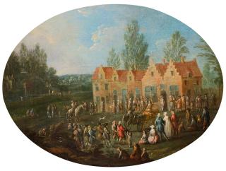 Louis-Nicolas Van Blarenberghe - Figures Gathered By A Large Country House, A Landscape Beyond