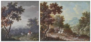 Louis-Nicolas Van Blarenberghe - Paysans avec chien et homme à cheval dans un paysage pluvieux ; et Chasse au cerf