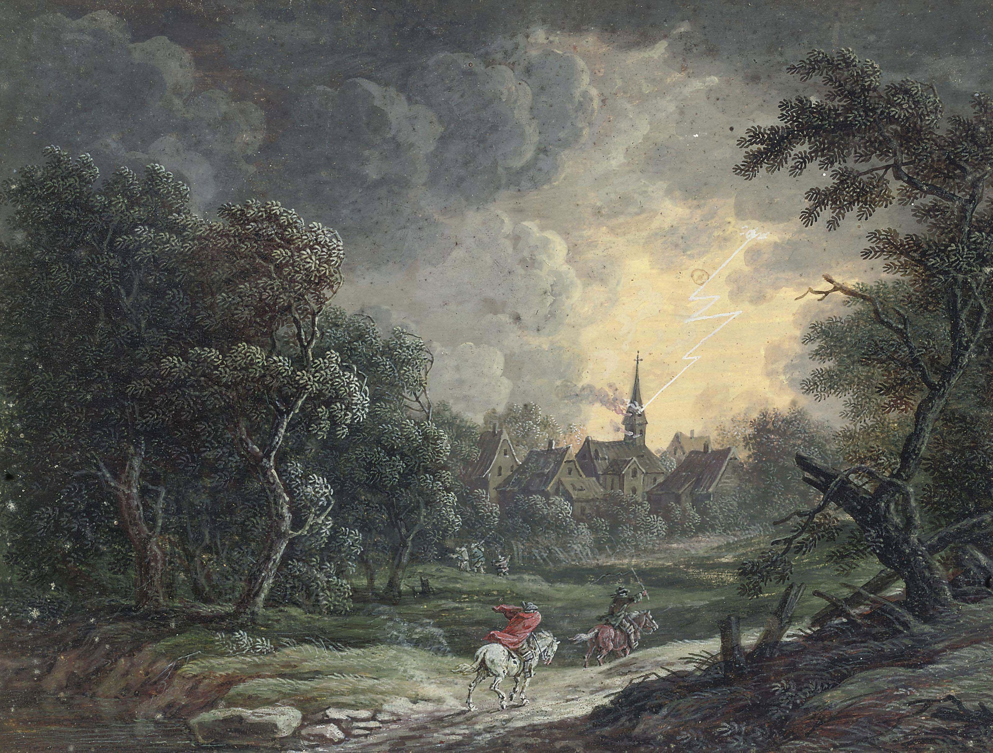 Louis-Nicolas van Blarenberghe - Two riders weathering a storm, a church being struck by lightning beyond
