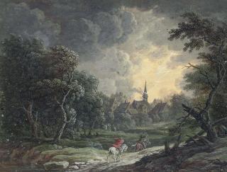 Louis-Nicolas van Blarenberghe - Two riders weathering a storm, a church being struck by lightning beyond