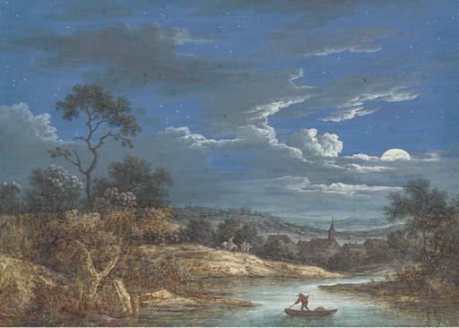 Louis-Nicolas van Blarenberghe - Un Paysage Nocturne Avec Un Homme Dans Une Barque Sur Une Rivière Au Premier Plan, Des Voyageurs Se Dirigeant Vers Un Village Dans Le Fond