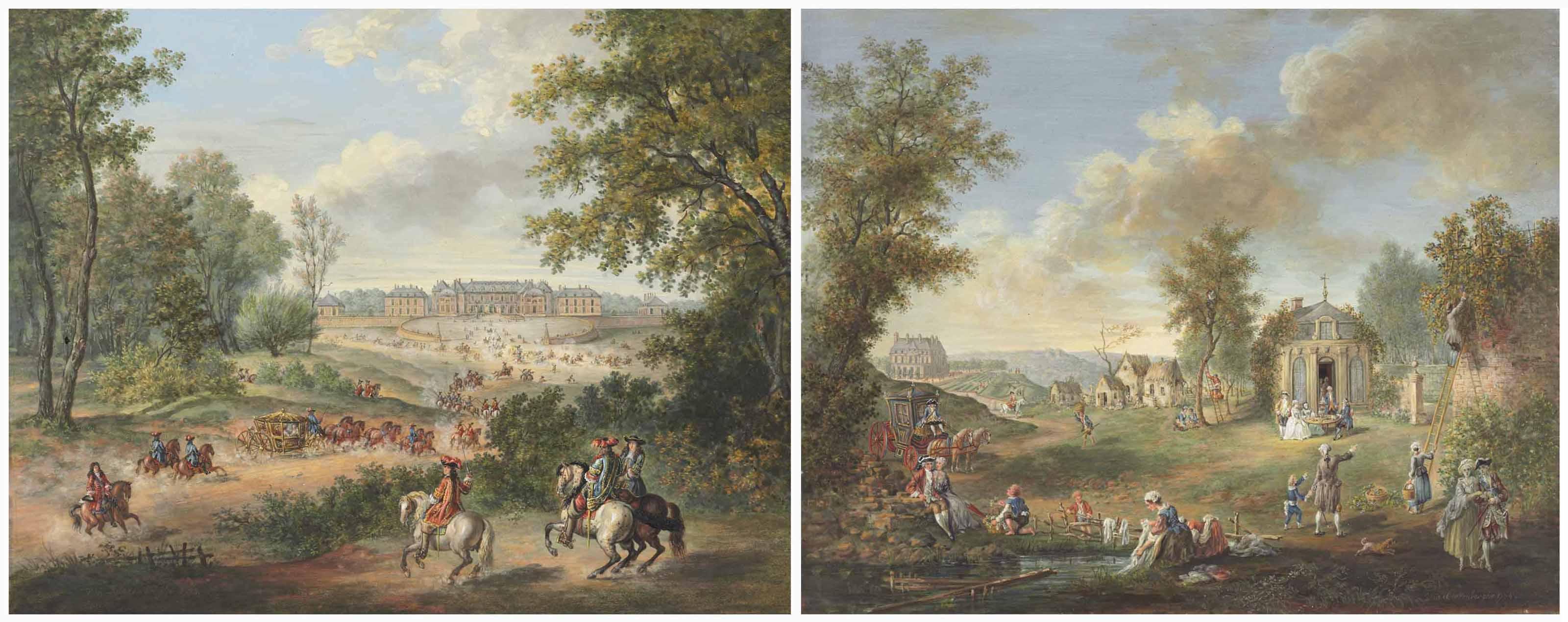 Louis-Nicolas Van Blarenberghe - Vue de Versailles avec une cavalerie approchant ; et Vue d’un jardin avec des personnages, une maison de thé, des remises et un manoir en arrière-plan