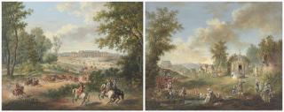 Louis-Nicolas Van Blarenberghe - Vue de Versailles avec une cavalerie approchant ; et Vue d’un jardin avec des personnages, une maison de thé, des remises et un manoir en arrière-plan