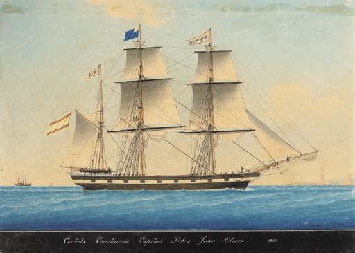 Louis Pellegrin - The Spanish barque Constancia approaching Marseilles with a paddle steamer off her stern