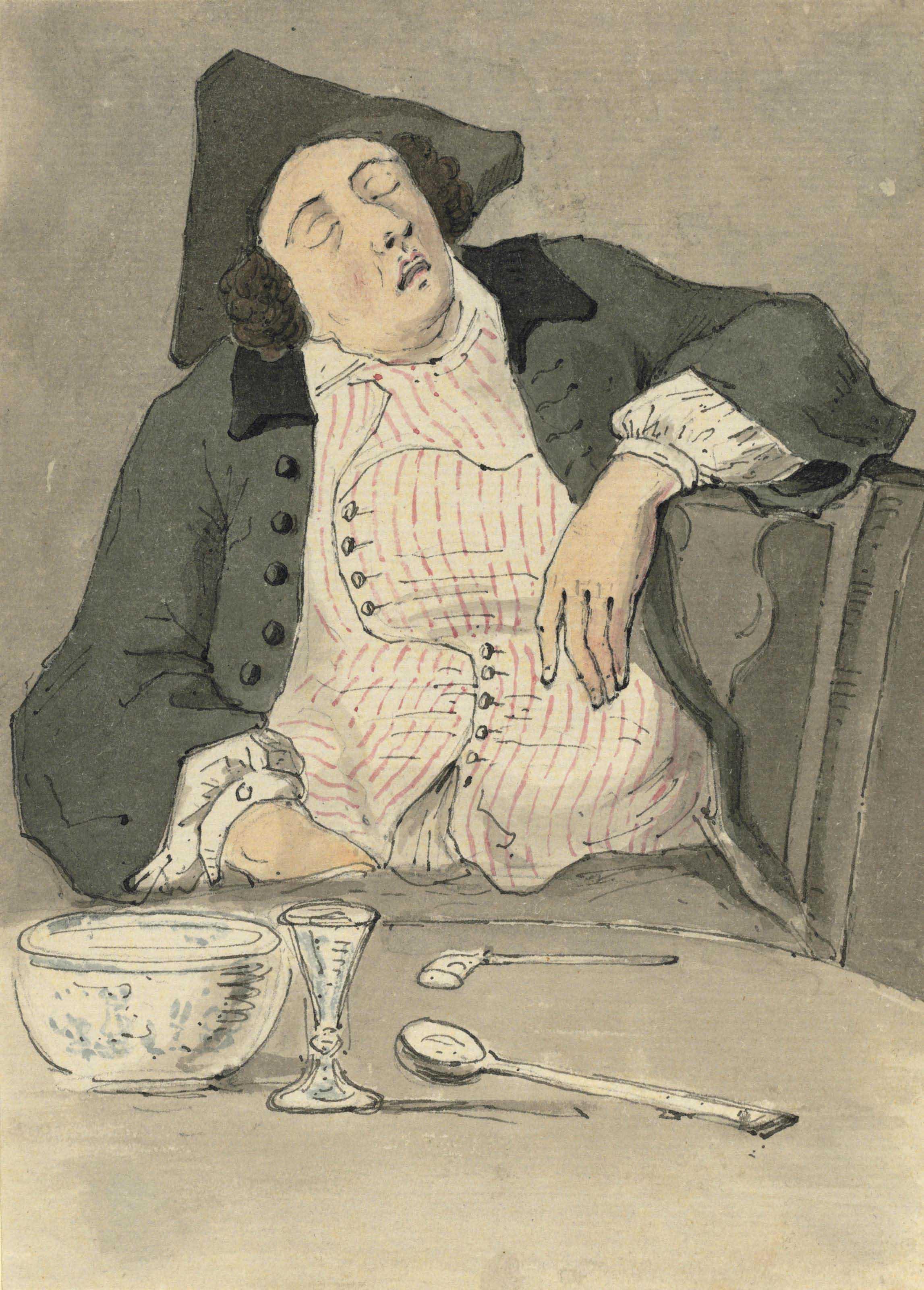 Louis-Philippe Boitard - Study of a gentleman asleep at a table (illustrated); Study of Molly Doyle with a tankard; Study of a seated woman with a tankard; and Study of head-dresses at Covent Garden