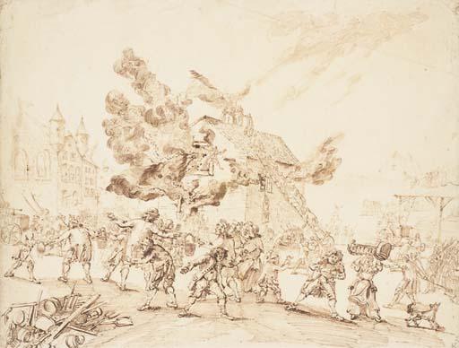 Louis-Philippe Boitard - Une Maison En Feu Avec Des Figures Essayant D\'Éteindre Le Feu