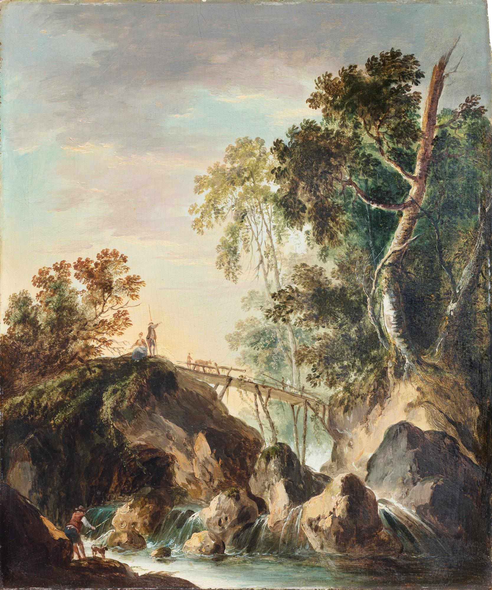 Louis Philippe Crépin - A Landscape with waterfalls and a bridge