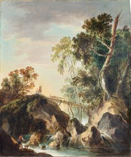 Louis Philippe Crépin - A Landscape with waterfalls and a bridge