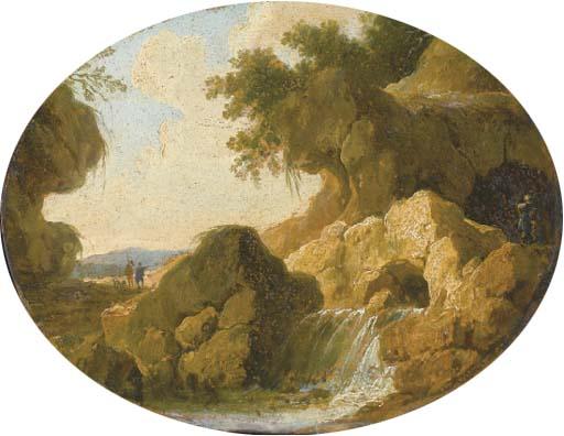 Louis-Philippe Crépin - Un paysage rocheux avec une cascade, deux figures au fond