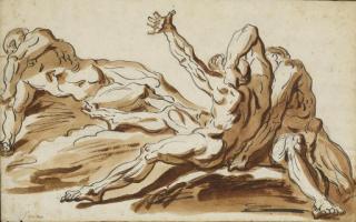 Louis-Philippe Parizeau - Etude de trois hommes nus à demi-allongés (recto); Un homme barbu assis et une étude de visage de profil (verso)