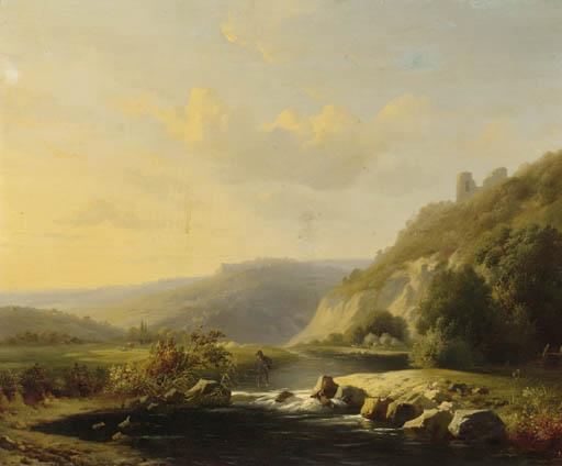 Louis-Pierre Verwee - A Extensive Mountainous River Landscape With A Shepherd Wading Through A River
