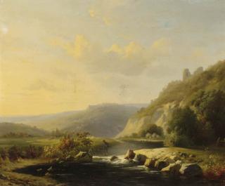 Louis-Pierre Verwee - A Extensive Mountainous River Landscape With A Shepherd Wading Through A River