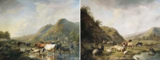 Louis Pierre Verwee - A herdsman with cattle fording a stream in a valley; and A shepherd with a flock of sheep resting in a valley