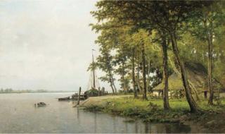 Louis Pulinckx - A peaceful river landscape with fishermen sorting out their nets on a jetty