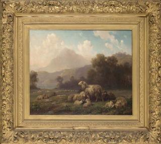 Louis Reinhardt - Sheep grazing, a mountainous landscape beyond