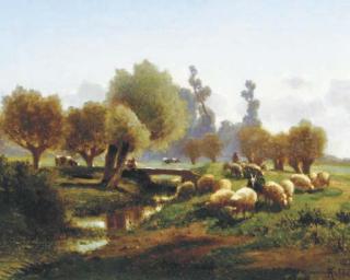Louis Robbe - Sheep in a meadow by a stream