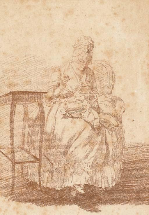 Louis-Roland Trinquesse - Une Femme Assise Cousant Près D\'Une Petite Table