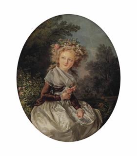 Louis-Rolland Trinquesse - Portrait of a girl, three-quarter length, in a silk dress holding a sheet of music and a sprig of roses, seated in a landscape