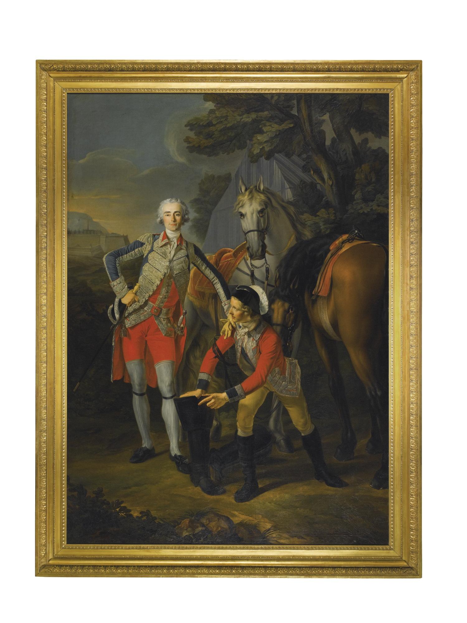 Louis Rolland Trinquesse - Portrait Of Charles Grant, Vicomte De Vaux, In Uniform As A Lieutenant Colonel Of The Garde Du Roi, Attended By His Groom With Their Horses, A Fortress Beyond