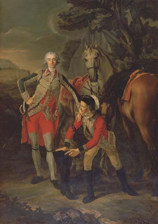 Louis-Rolland Trinquesse - Portrait of Charles Grant, Vicomte de Vaux, In Uniform As A Lieutenant Colonel of The Garde du Roi, Attended By His Groom With Their Horses, A Fortress Beyond