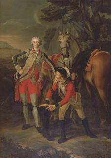 Louis-Rolland Trinquesse - Portrait of Charles Grant, Vicomte de Vaux, In Uniform As A Lieutenant Colonel of The Garde du Roi, Attended By His Groom With Their Horses, A Fortress Beyond