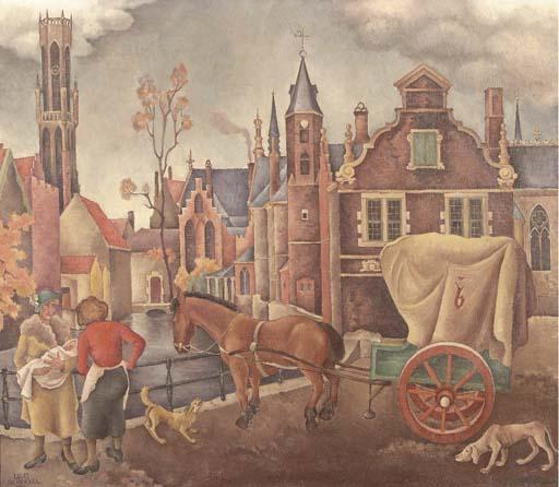 Louis Schrikkel - A townscape with figures, a horse and wagon by a canal
