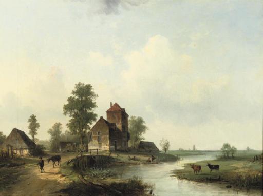 Louis Smets - A polder landscape with figures by a bridge