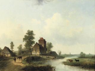 Louis Smets - A polder landscape with figures by a bridge