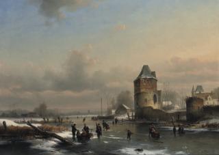 Louis Smets - A Winter Landscape With Many Figures On A Frozen Waterway