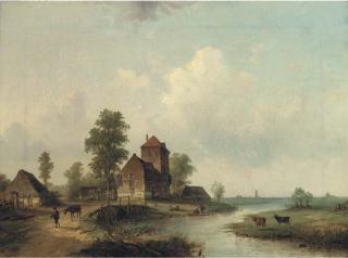 Louis Smets - Figures By A Bridge, A Dutch Hamlet