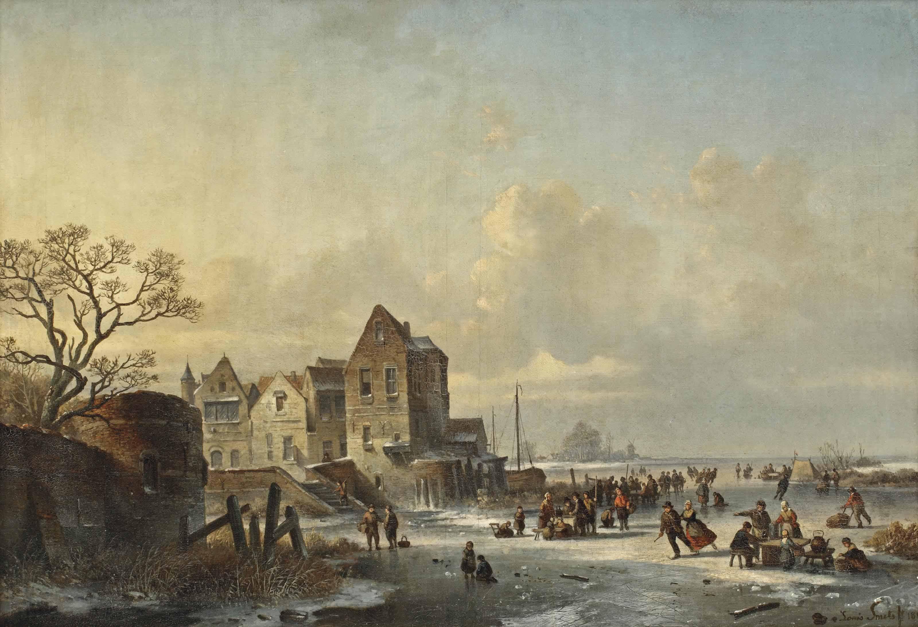 Louis Smets - Ice skaters near a Dutch lakeside village