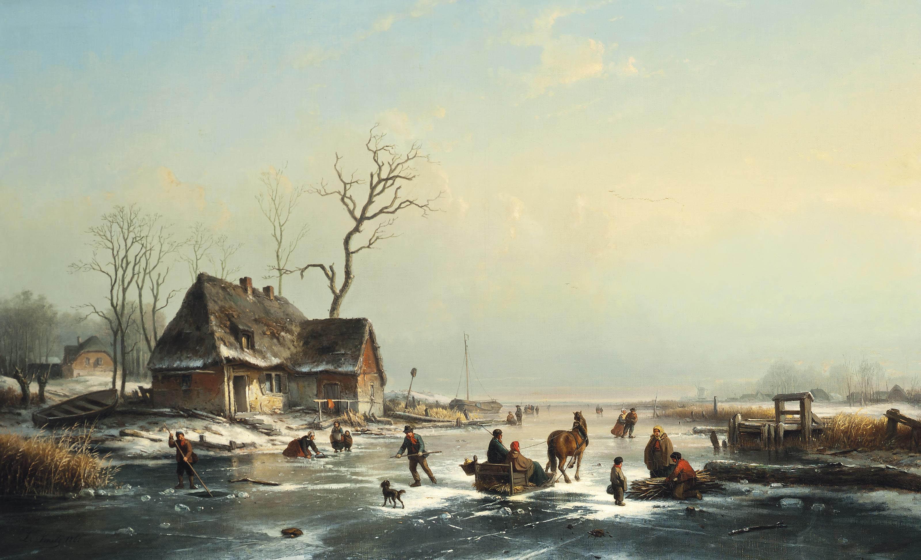 Louis Smets - Skaters On A Dutch Waterway By A Riverside Town