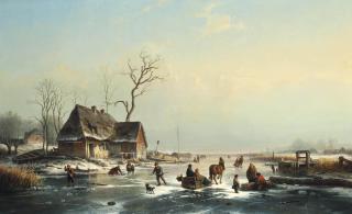 Louis Smets - Skaters On A Dutch Waterway By A Riverside Town