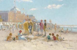 Louis Soonius - A sunny day on the beach of Scheveningen, the Kurhaus in the distance