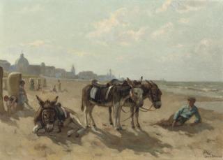 Louis Soonius - Donkeys on the beach of Scheveningen with the Kurhaus beyond
